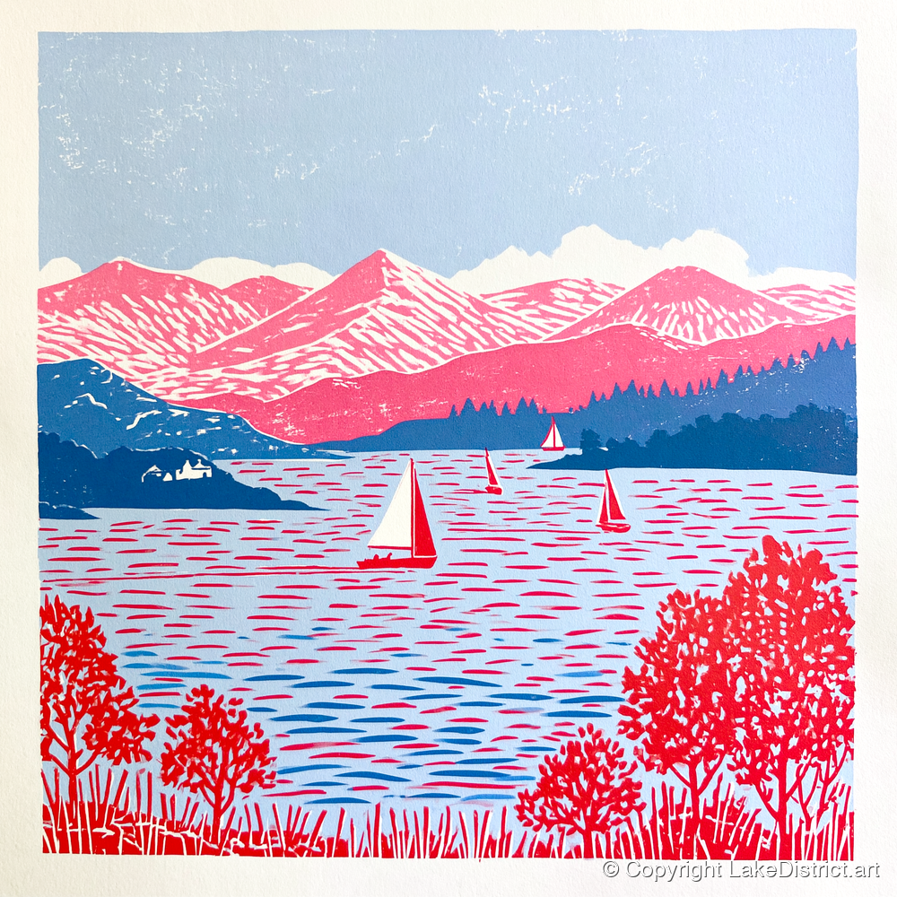 Pink Fells Over Coniston Water - lake district lake art print and canvas by Christopher Seaton A.I
