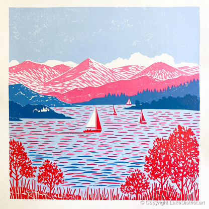 Pink Fells Over Coniston Water - lake district lake art print and canvas by Christopher Seaton A.I