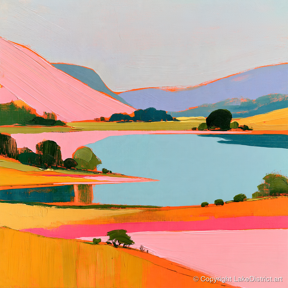 Pink Fells Over Teal Lake - lake district lake art print and canvas by Genevieve Moore A.I