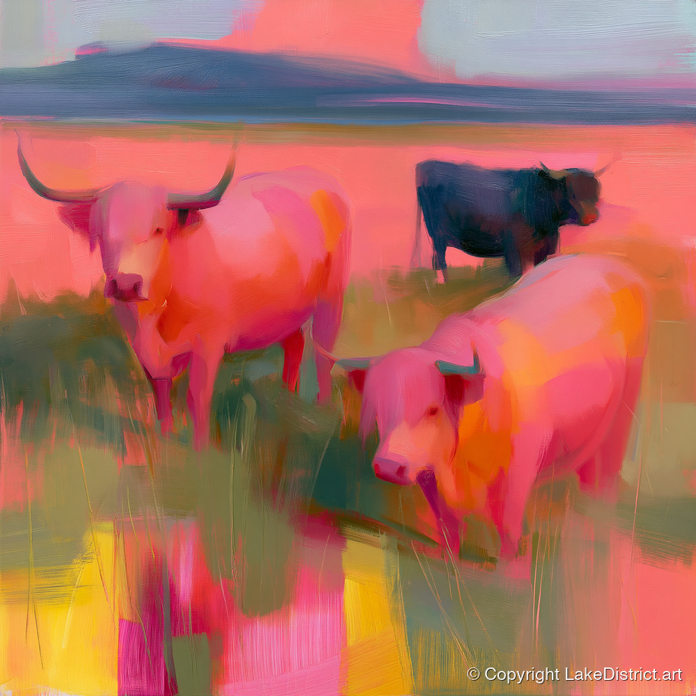 Pink Highland Cattle Grazing - lake district wildlife art print and canvas by Rosalind Pierce A.I