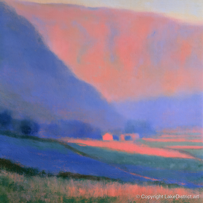 Pink Light on Patchwork Fields - lake district valley art print and canvas by Theodore Vance A.I