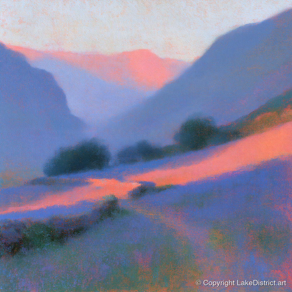 Pink Light Over Valley Drystone Wall - lake district valley art print and canvas by Theodore Vance A.I