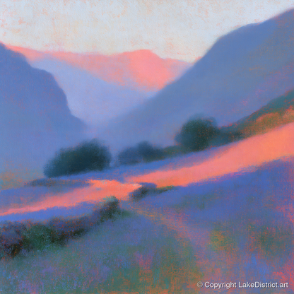 Pink Light Over Valley Drystone Wall - lake district valley art print and canvas by Theodore Vance A.I