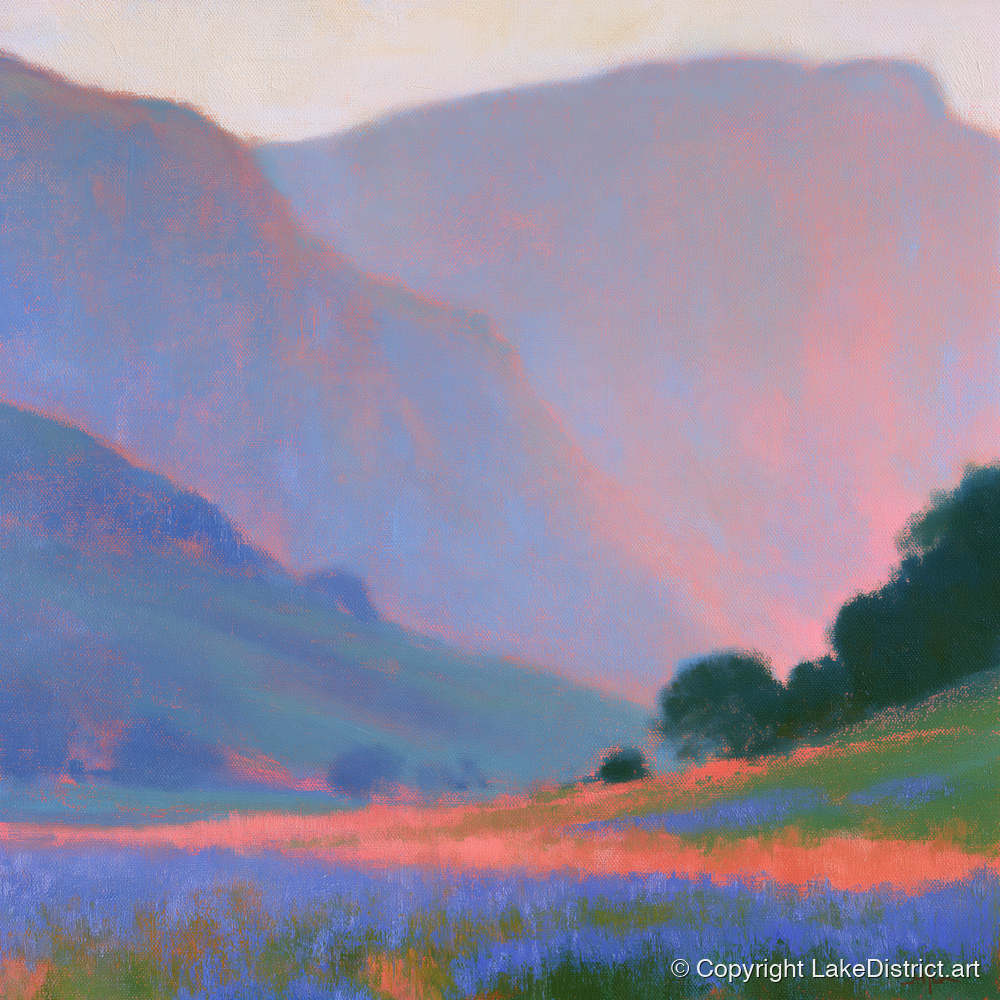 Pink Light Over Valley Fells - lake district valley art print and canvas by Theodore Vance A.I