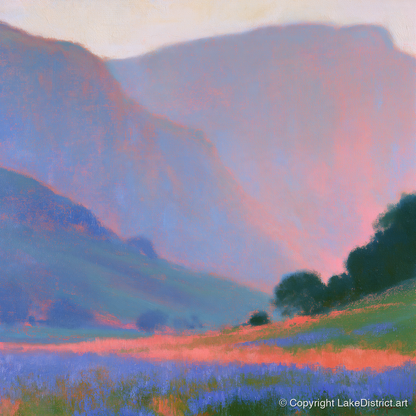 Pink Light Over Valley Fells - lake district valley art print and canvas by Theodore Vance A.I