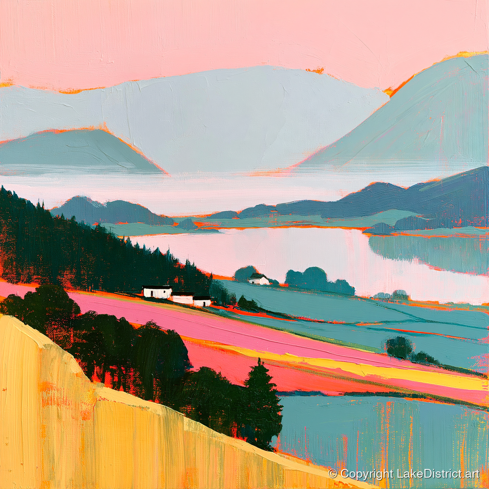 Pink Morning Valley Mist - lake district sky art print and canvas by Genevieve Moore A.I