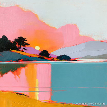 Pink Sunset Over Lake Water - lake district lake art print and canvas by Genevieve Moore A.I