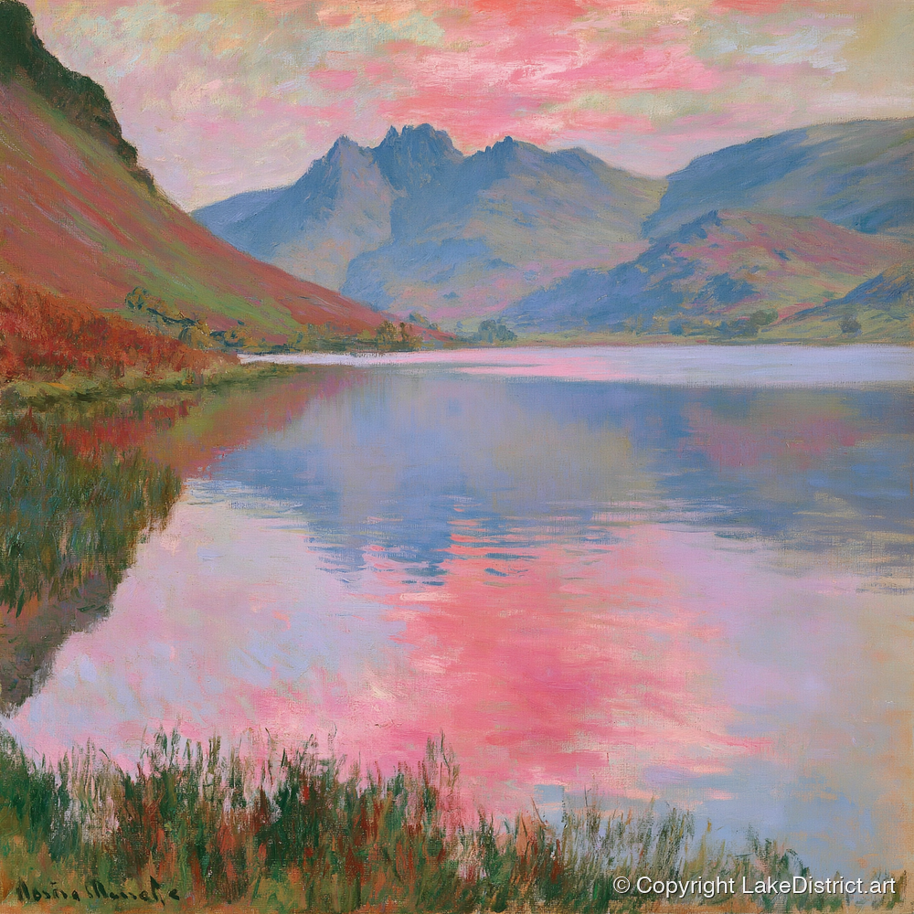 Pink Sunset Reflections on Loweswater - lake district lake art print and canvas by Clara Sterling A.I
