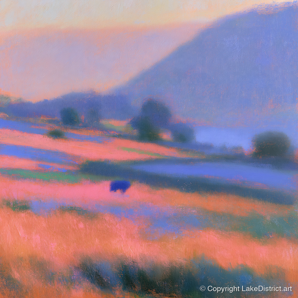 Pink Twilight in a Lakeland Dale - lake district valley art print and canvas by Theodore Vance A.I