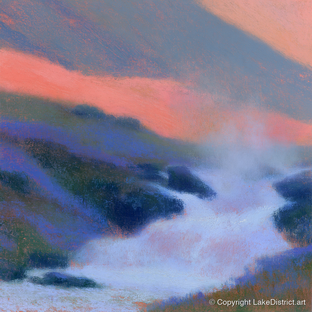 Pink Twilight Over Fellside Beck - lake district waterfall art print and canvas by Theodore Vance A.I