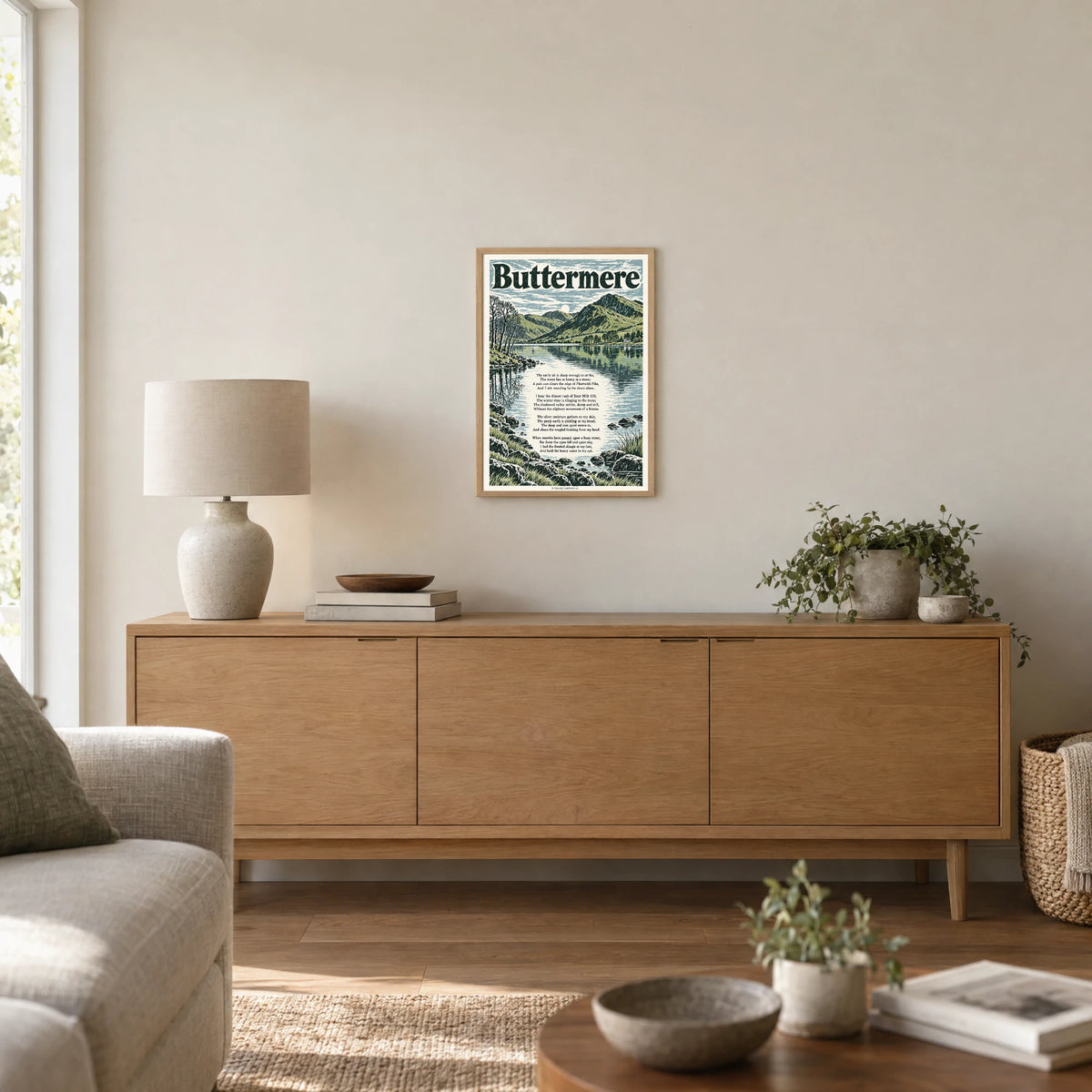 Buttermere poem print at A3 size, in a natural frame, hanging in a living room