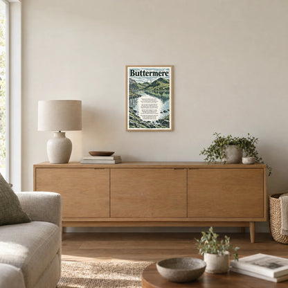 Buttermere poem print at A3 size, in a natural frame, hanging in a living room