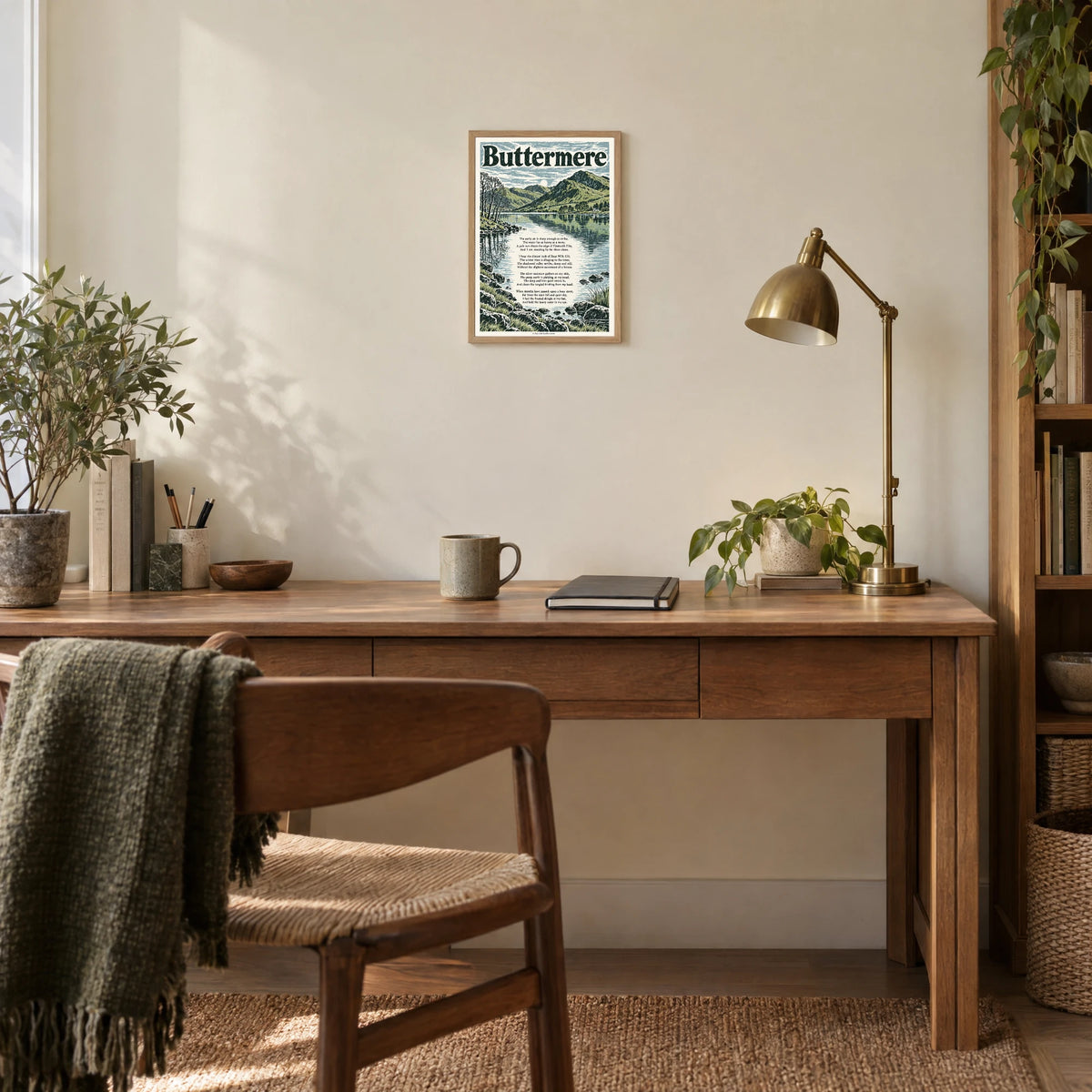 Buttermere poem print at A4 size, in a natural frame, hanging in a study