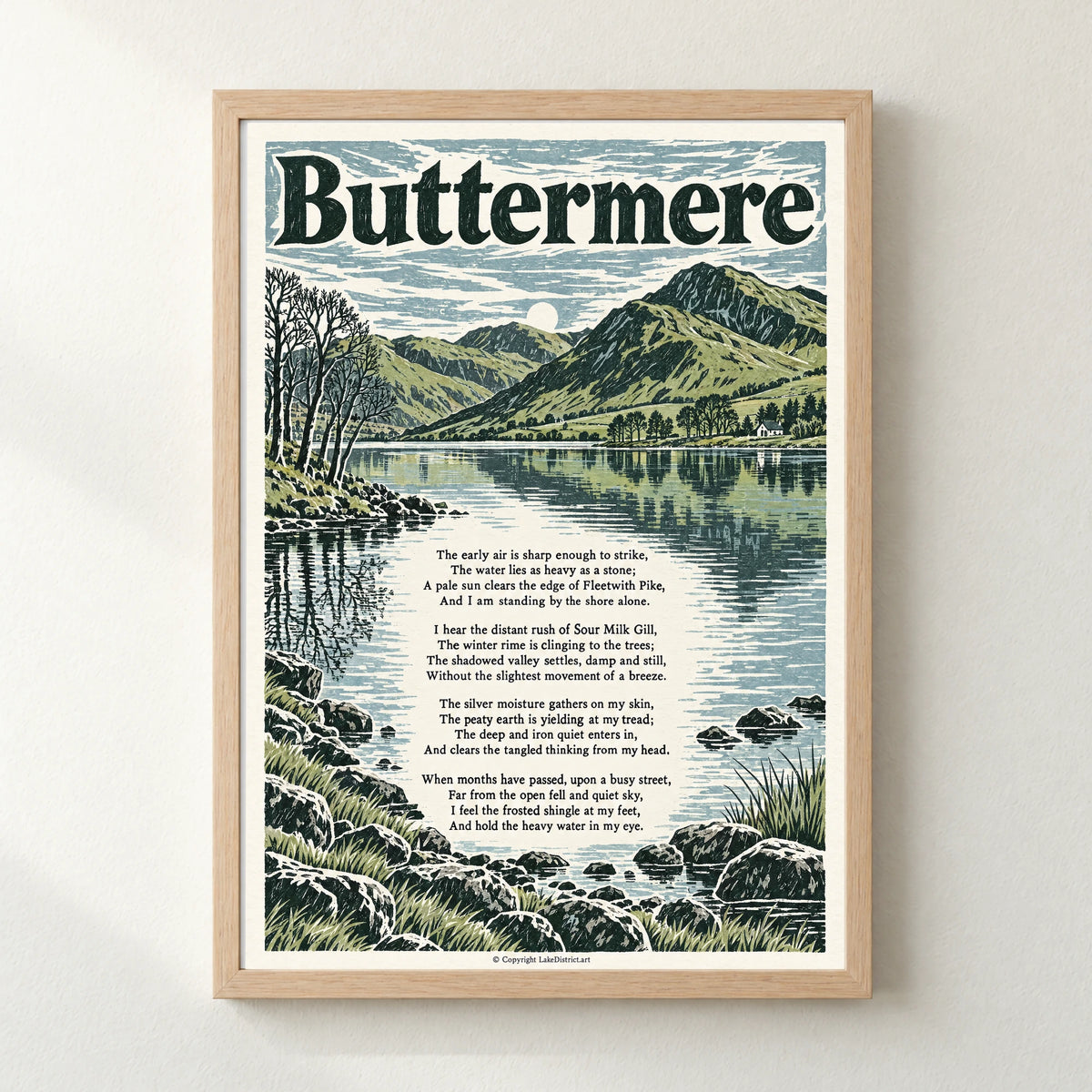 Buttermere poem print in a natural frame