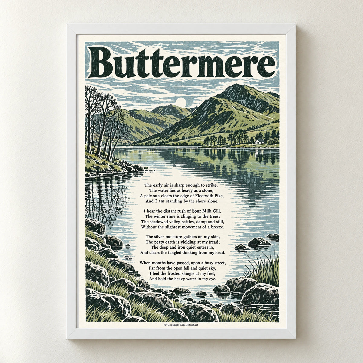 Buttermere poem print in a white frame