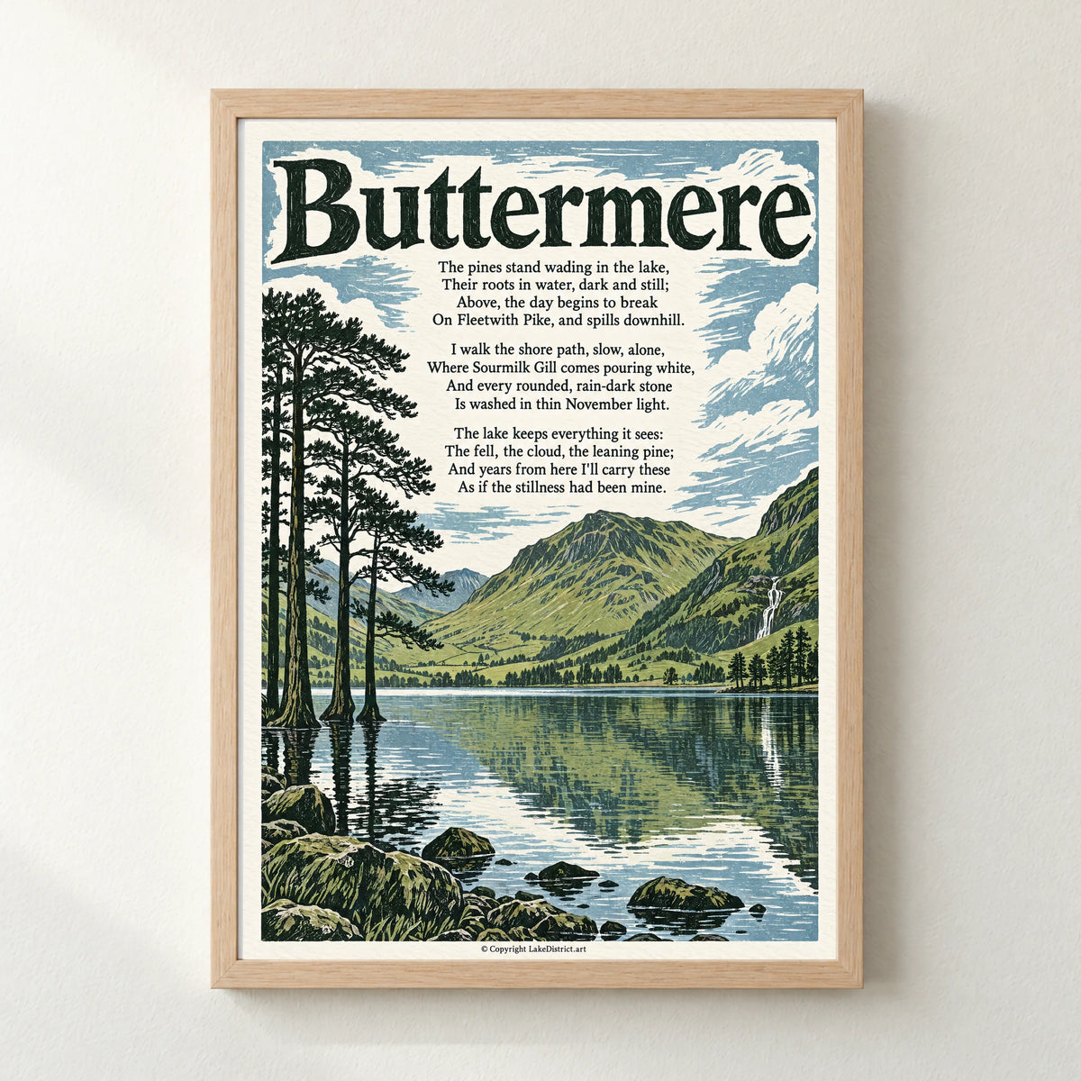 Buttermere poem print in a natural frame