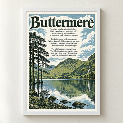 Buttermere poem print in a white frame