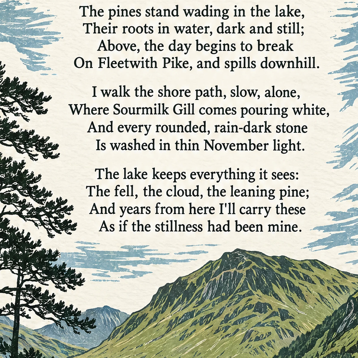 Buttermere poem print close-up: the lettering of the poem