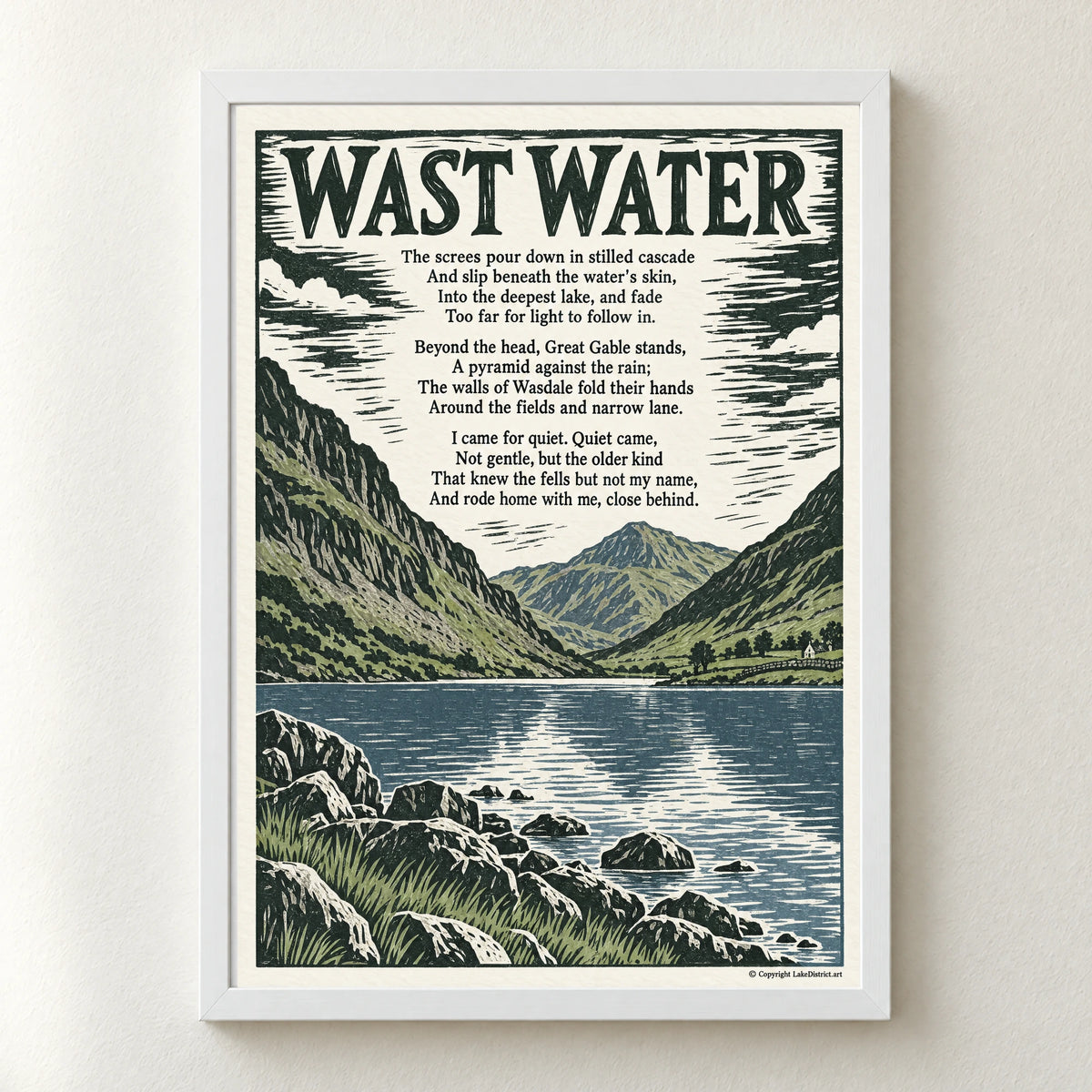 Wast Water poem print in a white frame