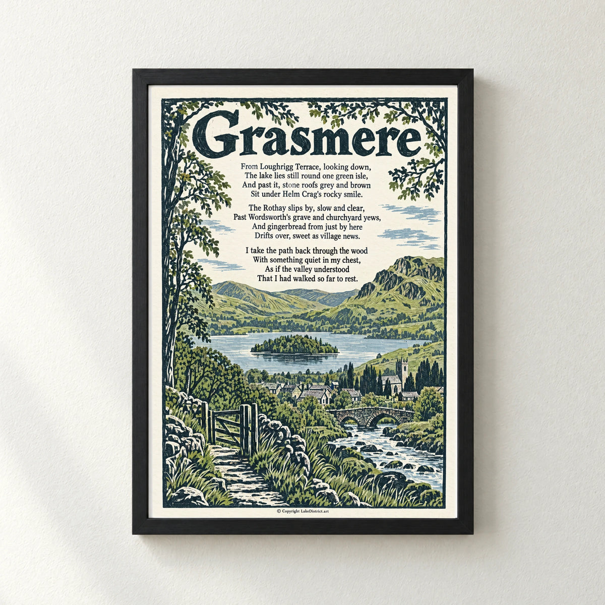 Grasmere poem print in a black frame