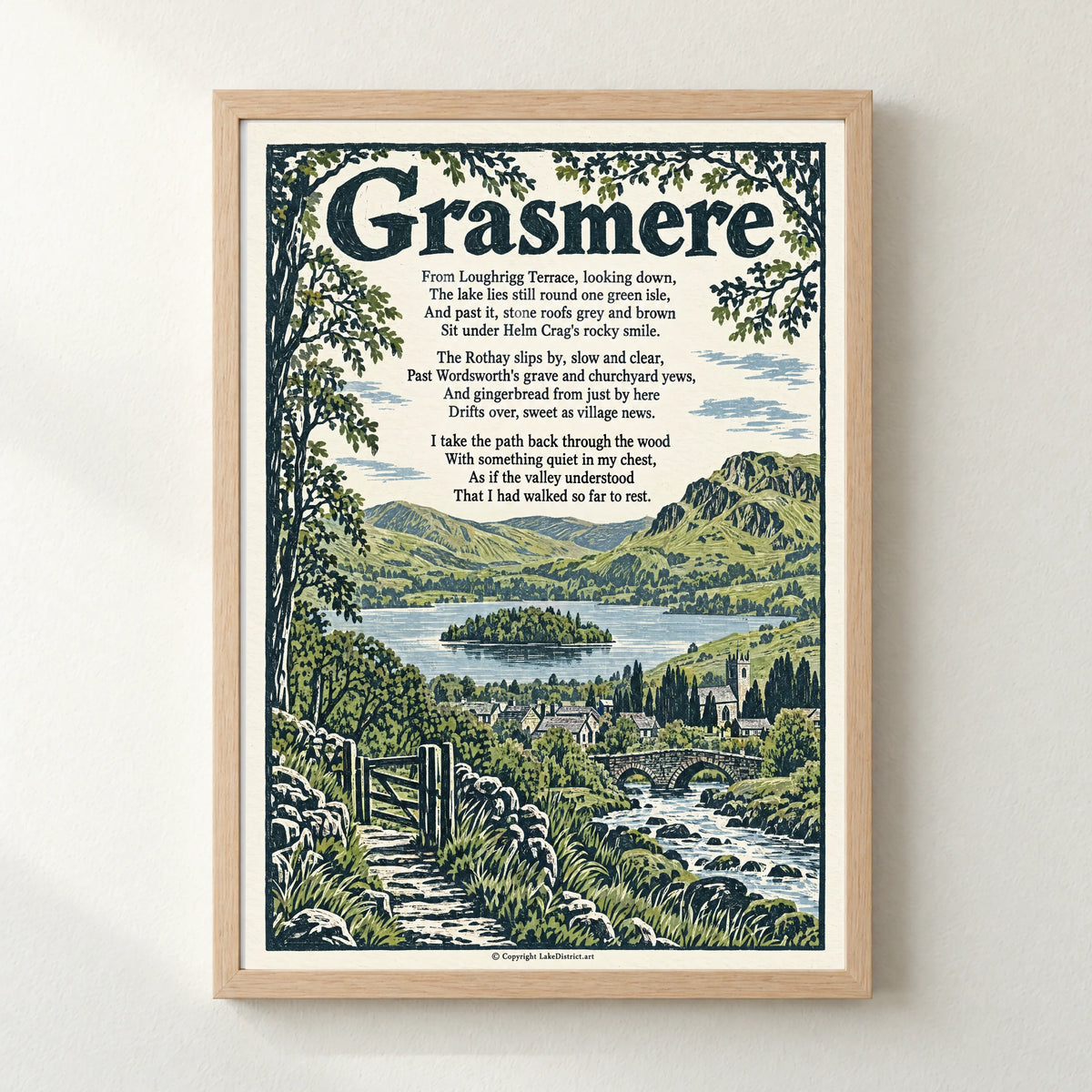 Grasmere poem print in a natural frame