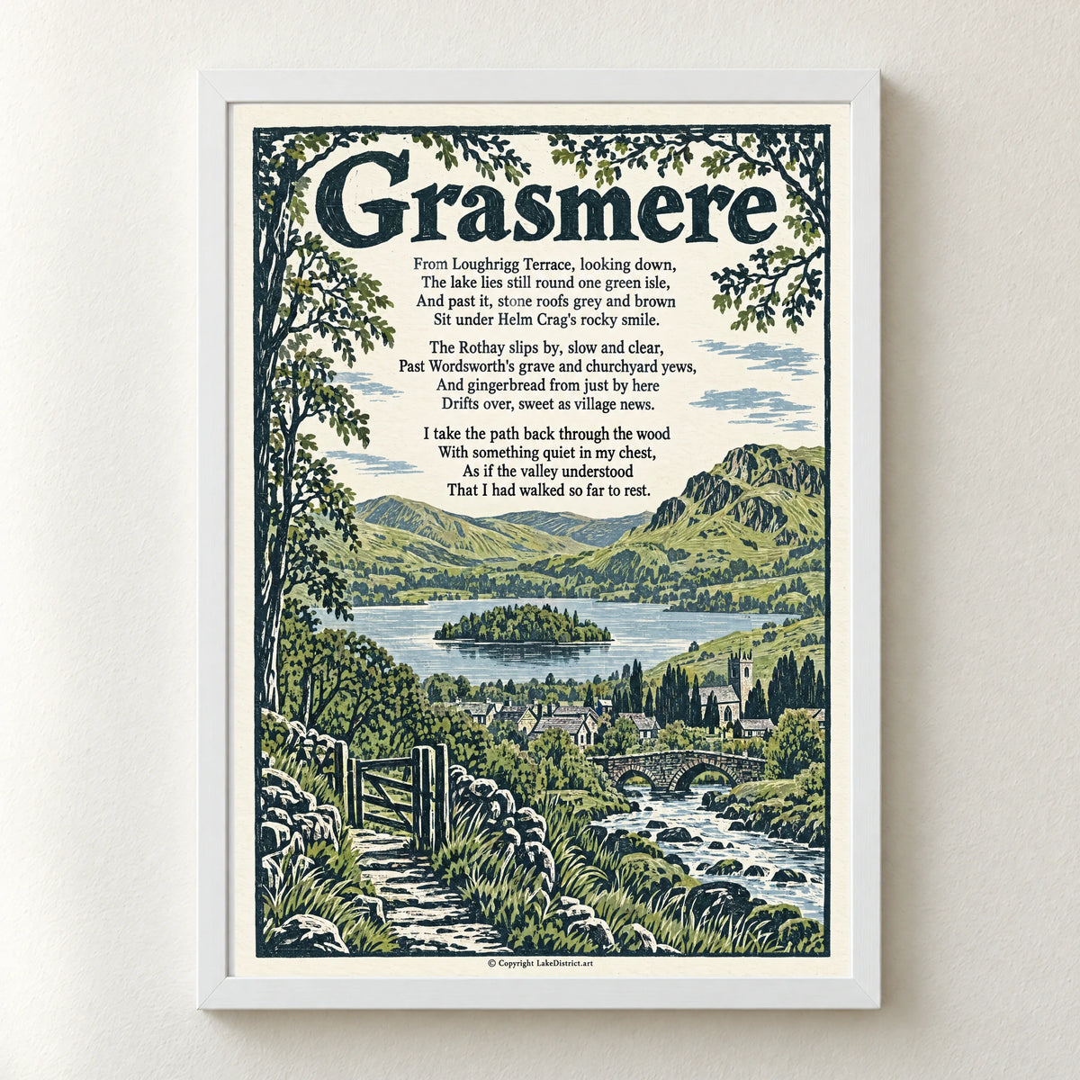 Grasmere poem print in a white frame