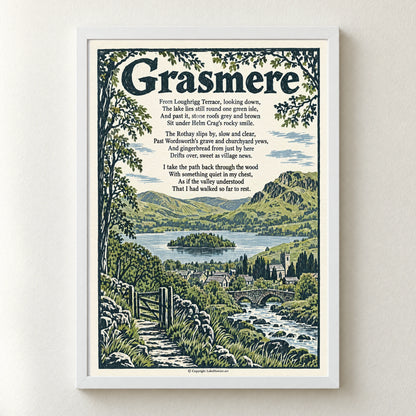 Grasmere poem print in a white frame
