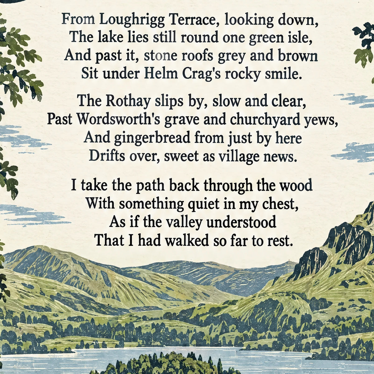 Grasmere poem print close-up: the lettering of the poem