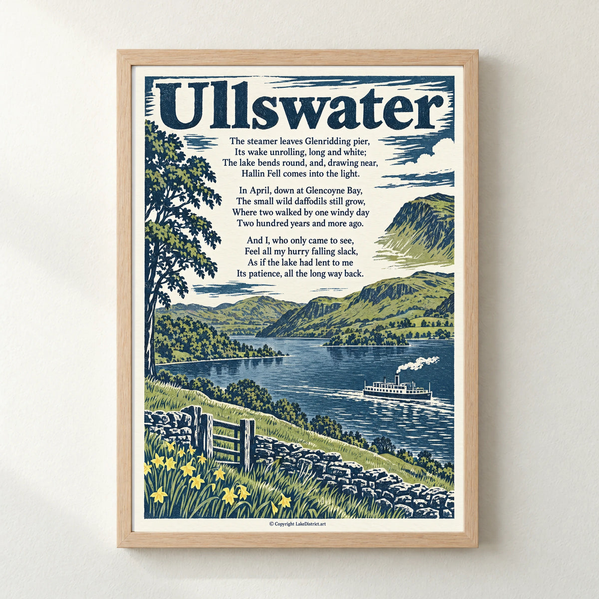 Ullswater poem print in a natural frame