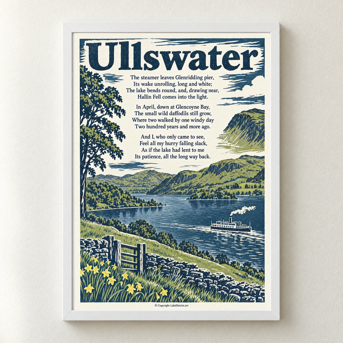 Ullswater poem print in a white frame