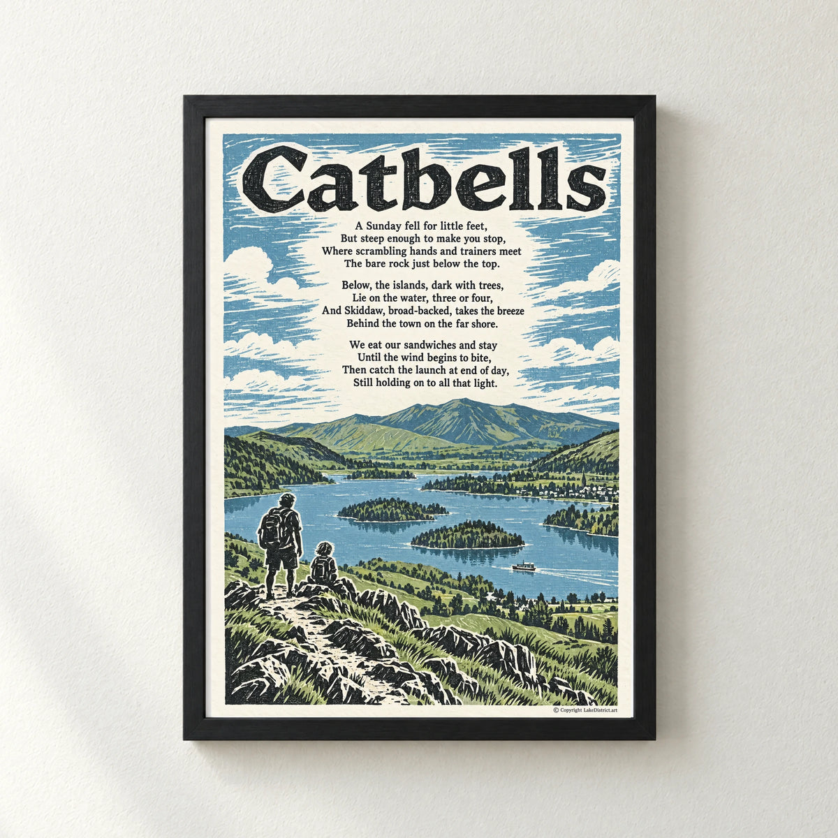 Catbells poem print in a black frame