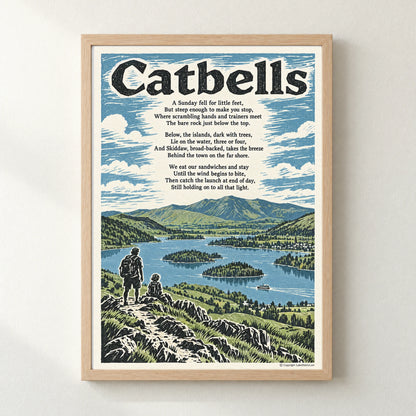 Catbells poem print in a natural frame