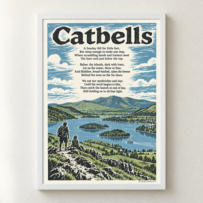 Catbells poem print in a white frame