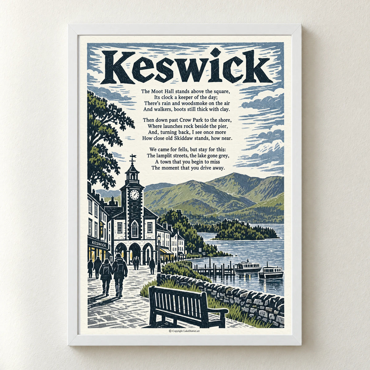 Keswick poem print in a white frame