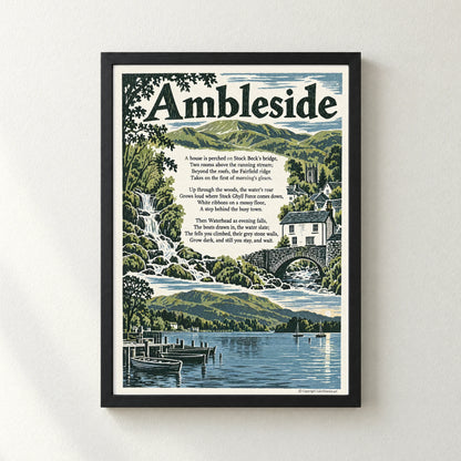 Ambleside poem print in a black frame