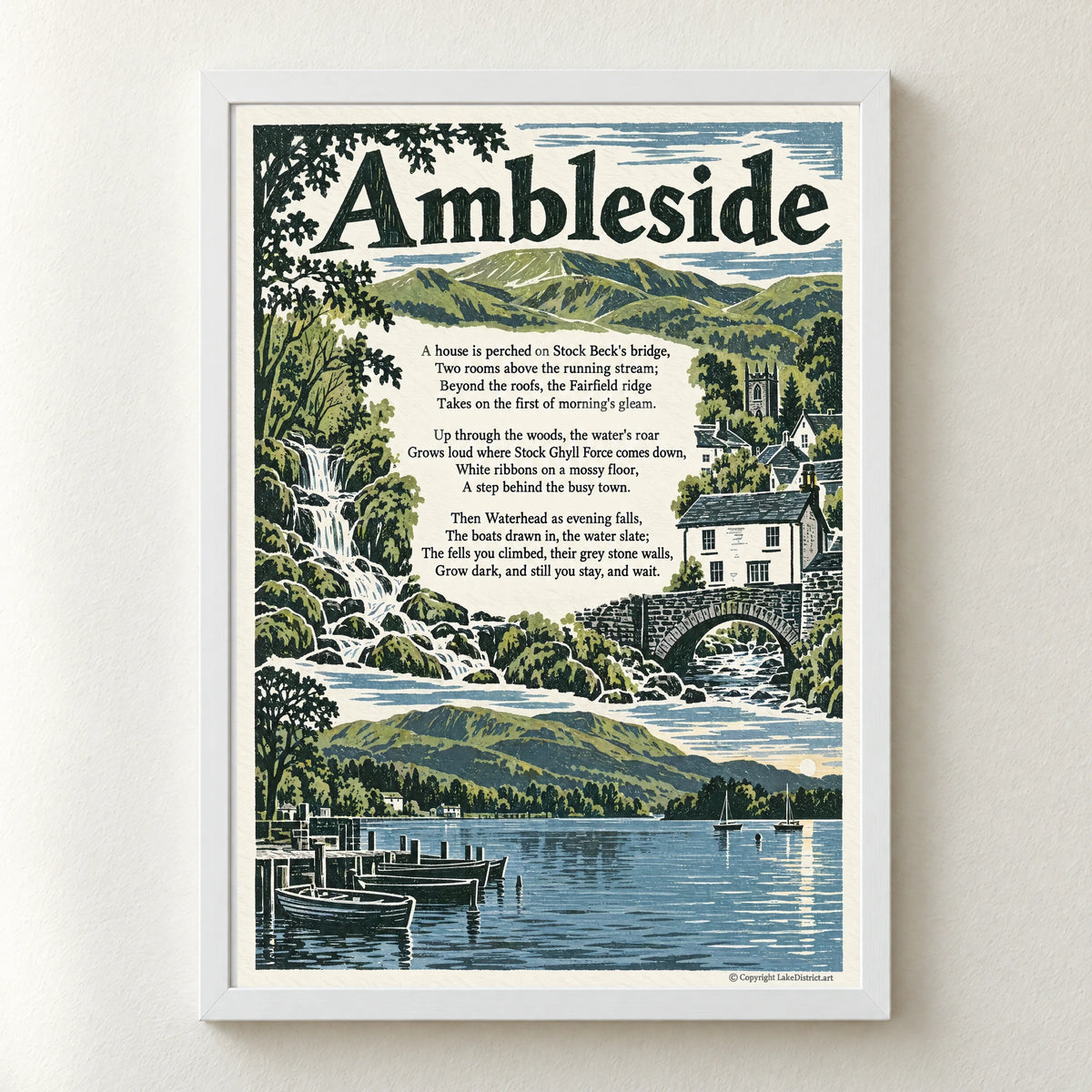 Ambleside poem print in a white frame