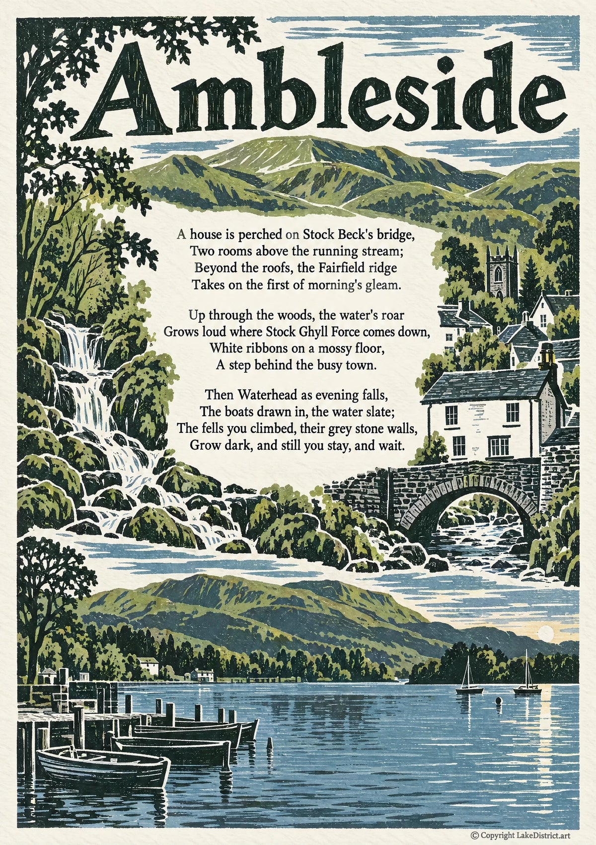 Ambleside, an illustrated Lake District poem print