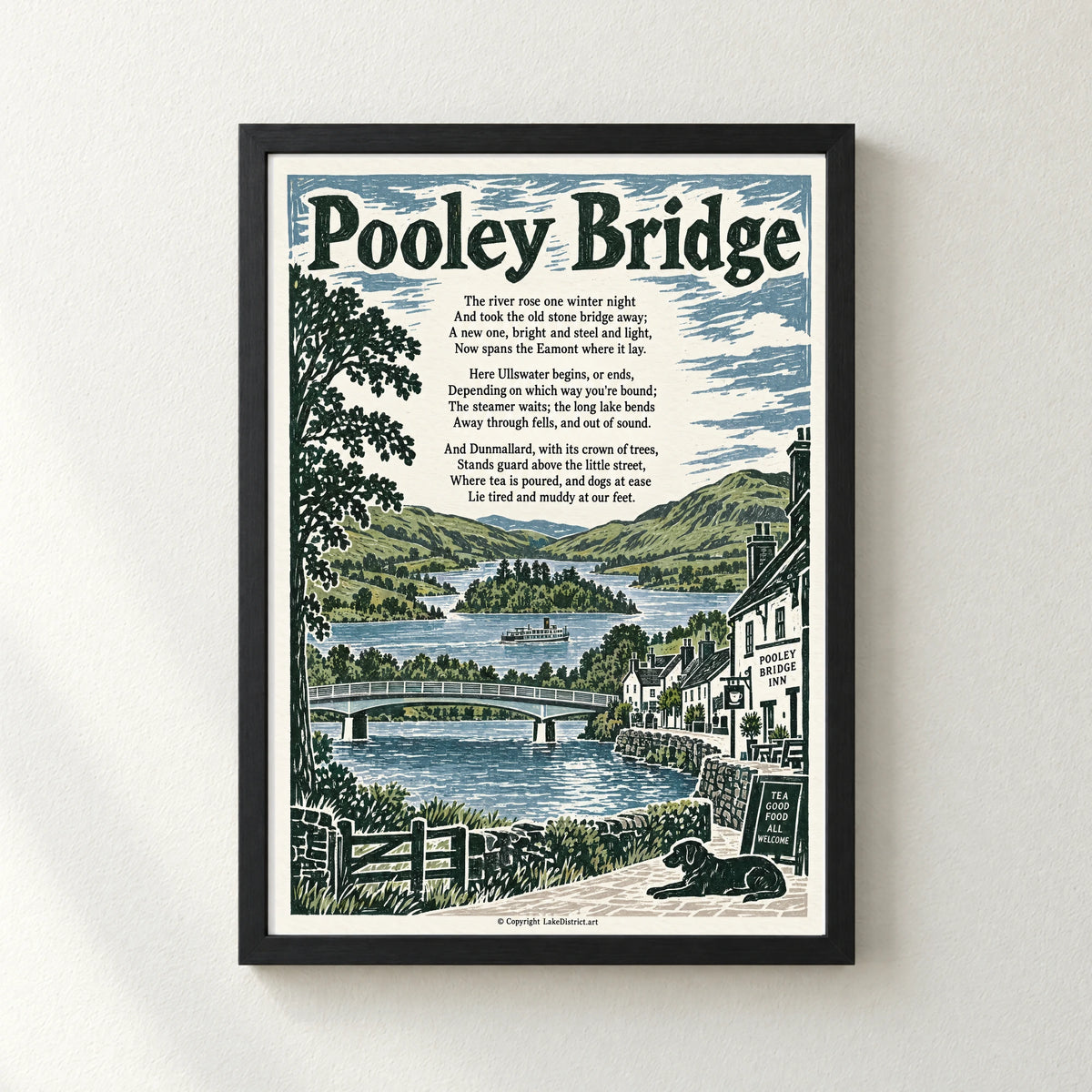 Pooley Bridge poem print in a black frame