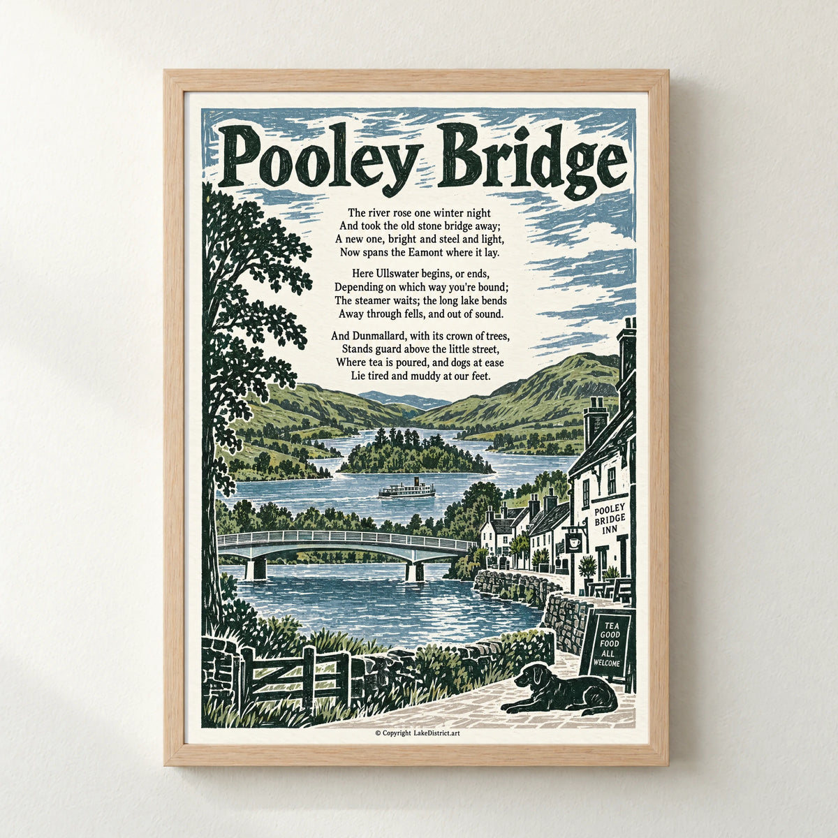 Pooley Bridge poem print in a natural frame