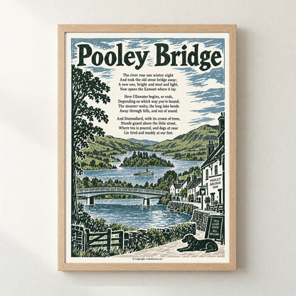 Pooley Bridge poem print in a natural frame