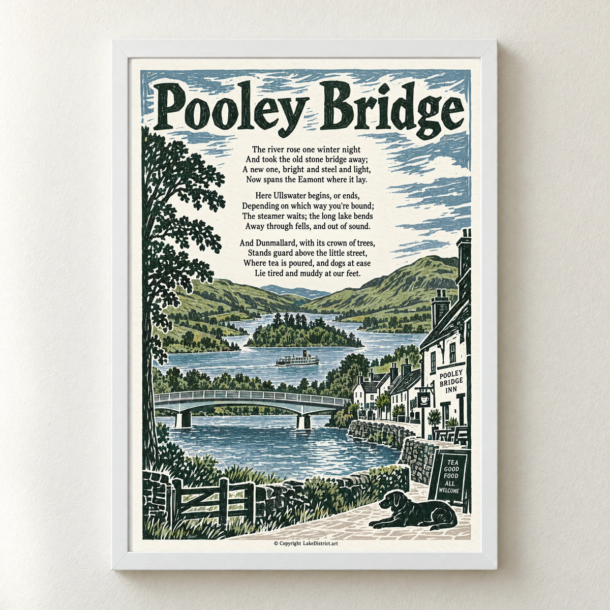 Pooley Bridge poem print in a white frame