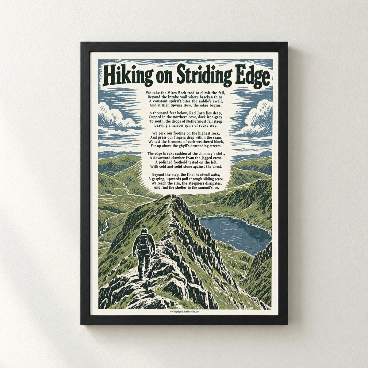 Hiking on Striding Edge poem print in a black frame