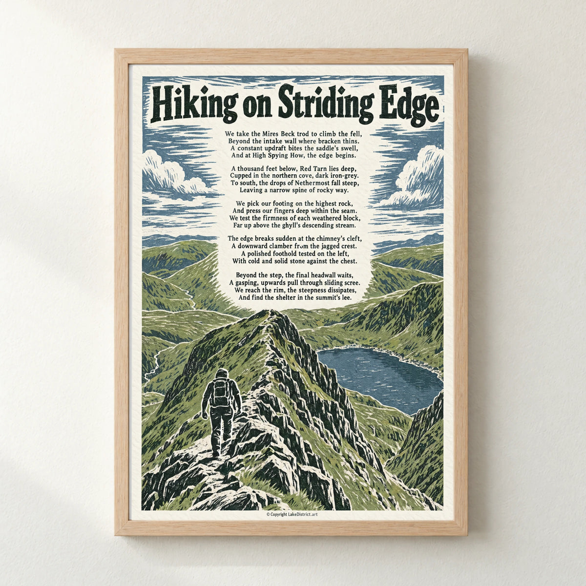 Hiking on Striding Edge poem print in a natural frame