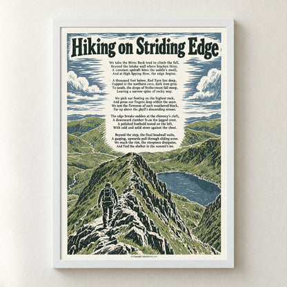 Hiking on Striding Edge poem print in a white frame