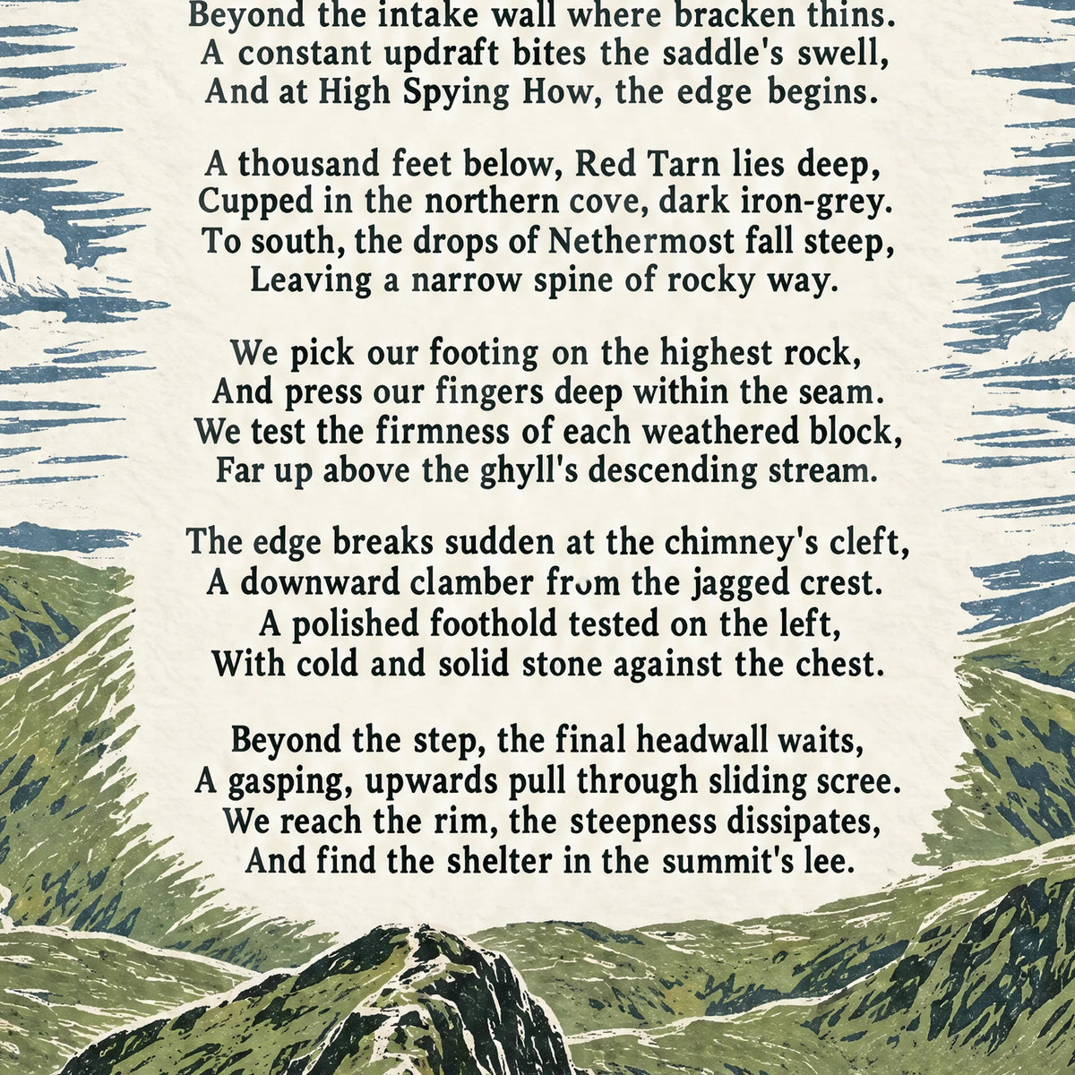 Hiking on Striding Edge poem print close-up: the lettering of the poem