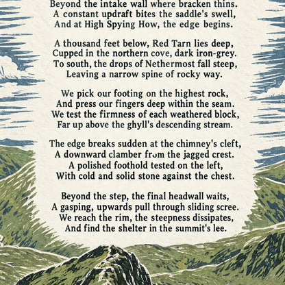 Hiking on Striding Edge poem print close-up: the lettering of the poem