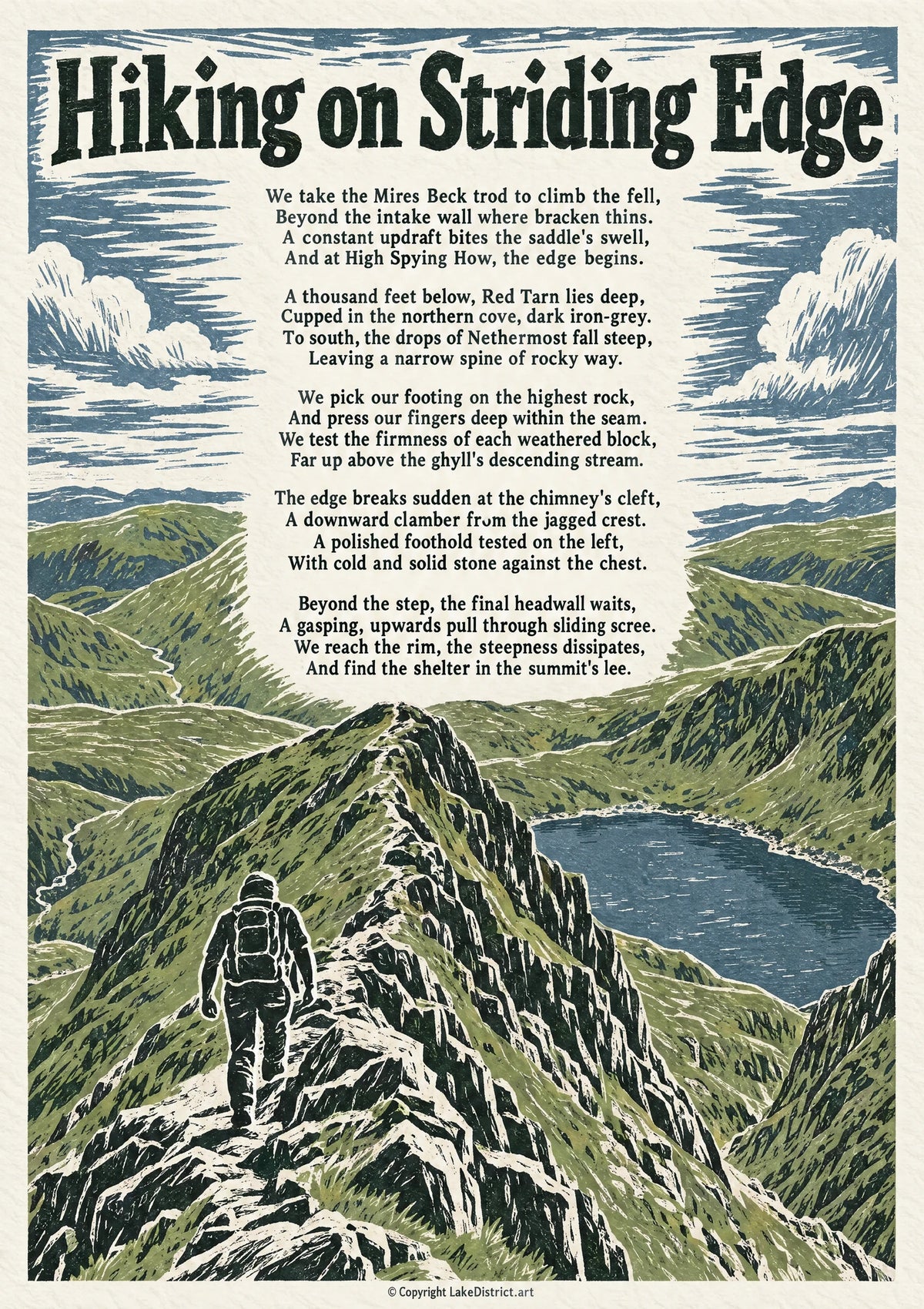 Hiking on Striding Edge, an illustrated Lake District poem print