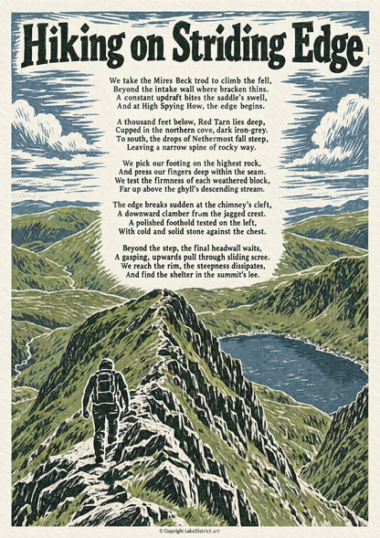 Hiking on Striding Edge, an illustrated Lake District poem print
