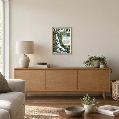 Lodore Falls poem print at A3 size, in a natural frame, hanging in a living room