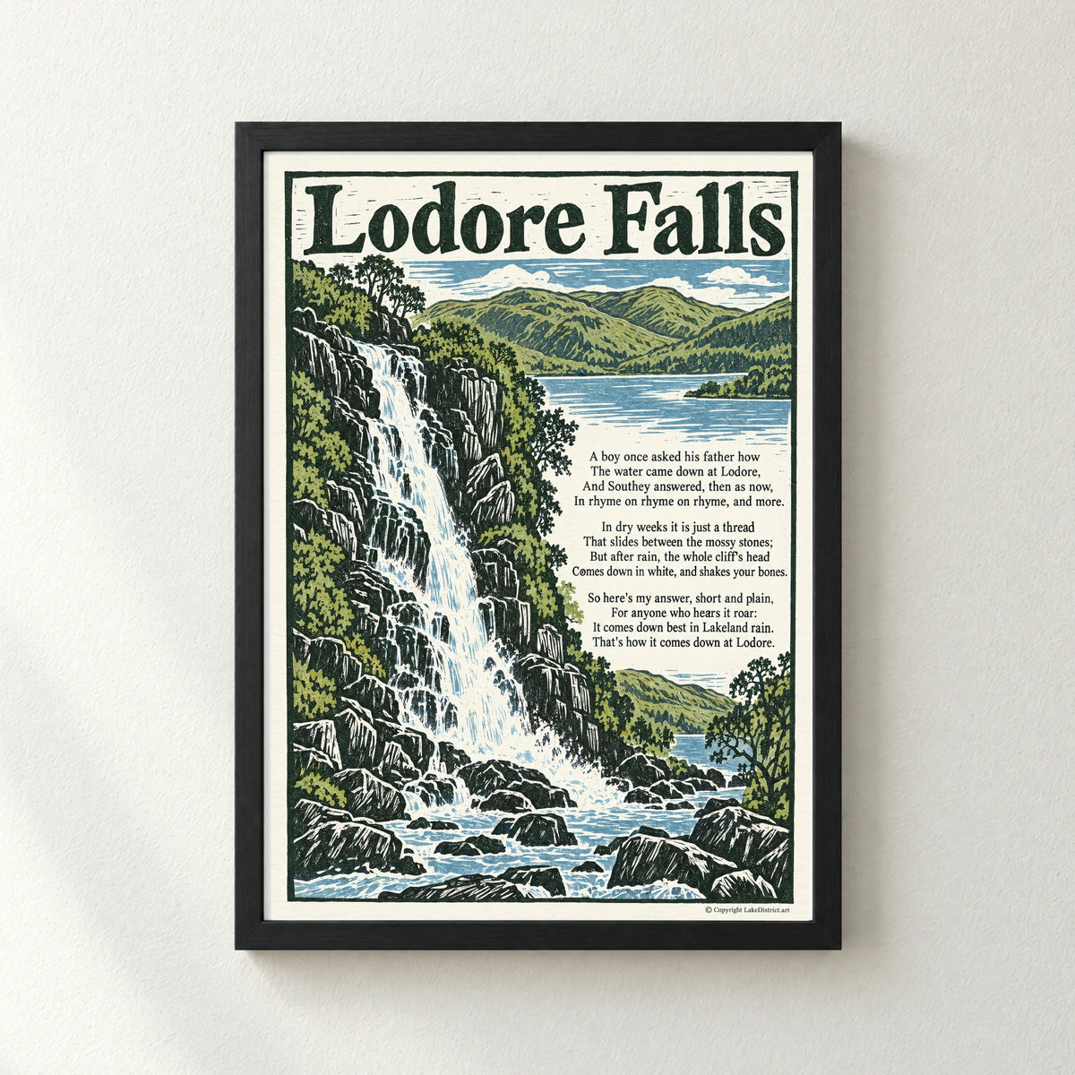Lodore Falls poem print in a black frame